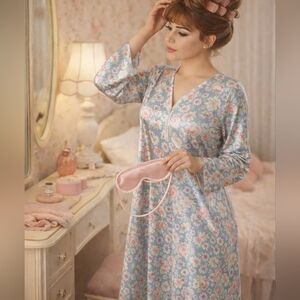 Vtg Christian Dior Floral Nightgown Peignoir Long Sleeve Satin Size L Loungewear